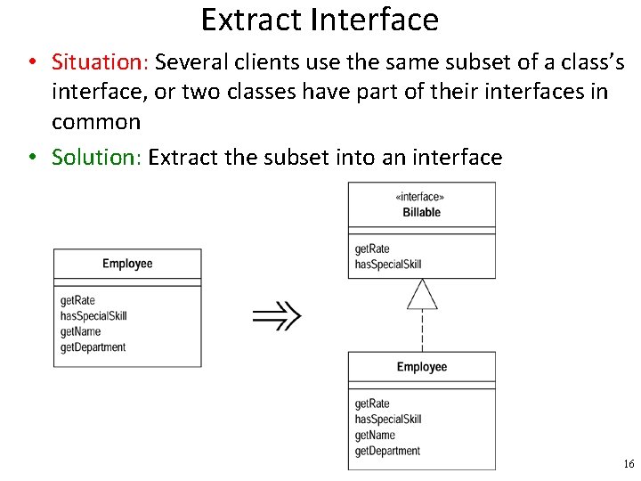 Extract Interface • Situation: Several clients use the same subset of a class’s interface,