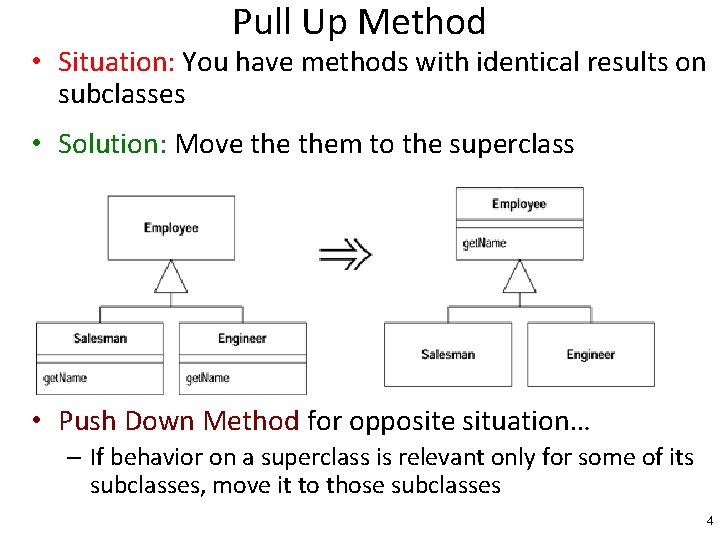 Pull Up Method • Situation: You have methods with identical results on subclasses •