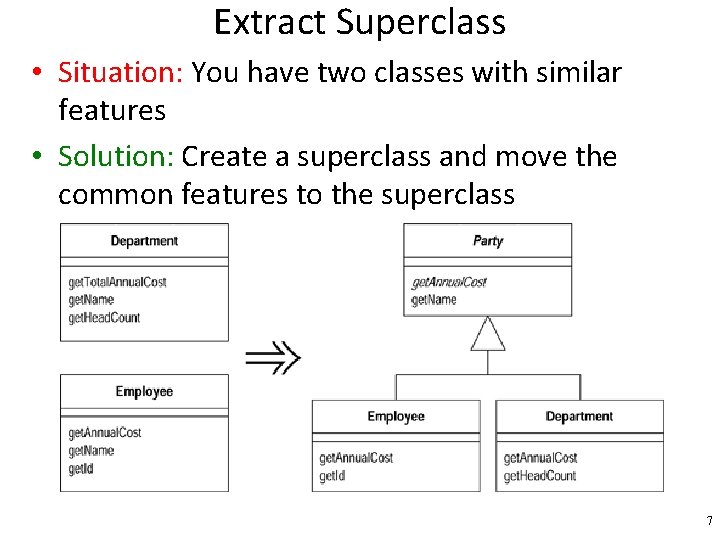 Extract Superclass • Situation: You have two classes with similar features • Solution: Create