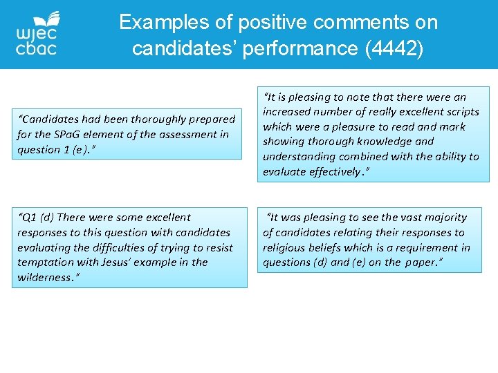 Examples of positive comments on candidates’ performance (4442) “Candidates had been thoroughly prepared for