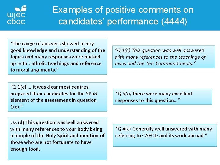 Examples of positive comments on candidates’ performance (4444) “The range of answers showed a