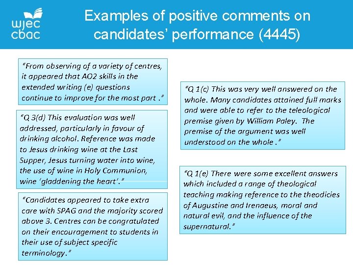 Examples of positive comments on candidates’ performance (4445) “From observing of a variety of