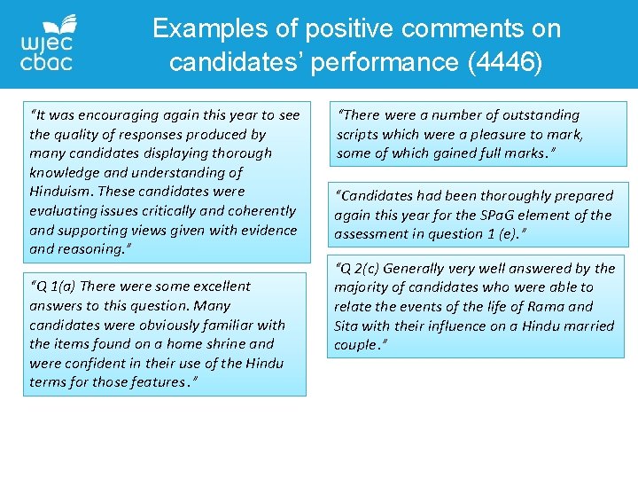 Examples of positive comments on candidates’ performance (4446) “It was encouraging again this year