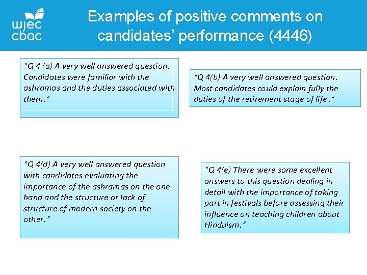 Examples of positive comments on candidates’ performance (4446) “Q 4 (a) A very well