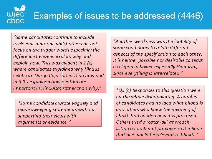 Examples of issues to be addressed (4446) “Some candidates continue to include irrelevant material