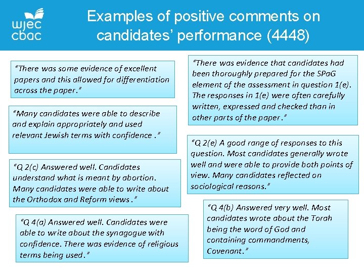 Examples of positive comments on candidates’ performance (4448) “There was some evidence of excellent