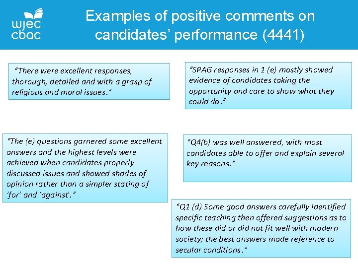 Examples of positive comments on candidates’ performance (4441) “There were excellent responses, thorough, detailed