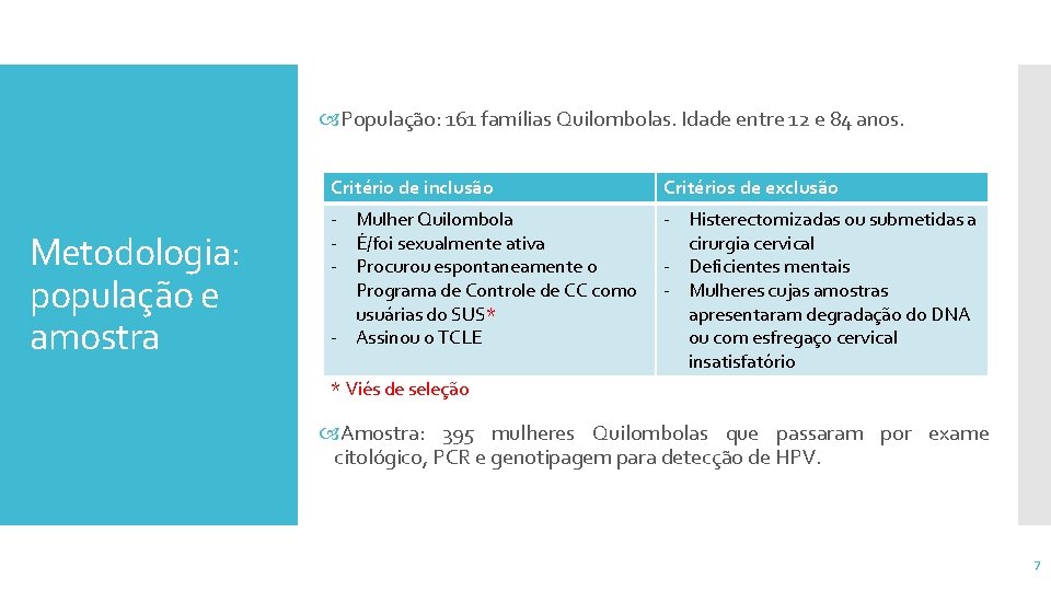  População: 161 famílias Quilombolas. Idade entre 12 e 84 anos. Metodologia: população e