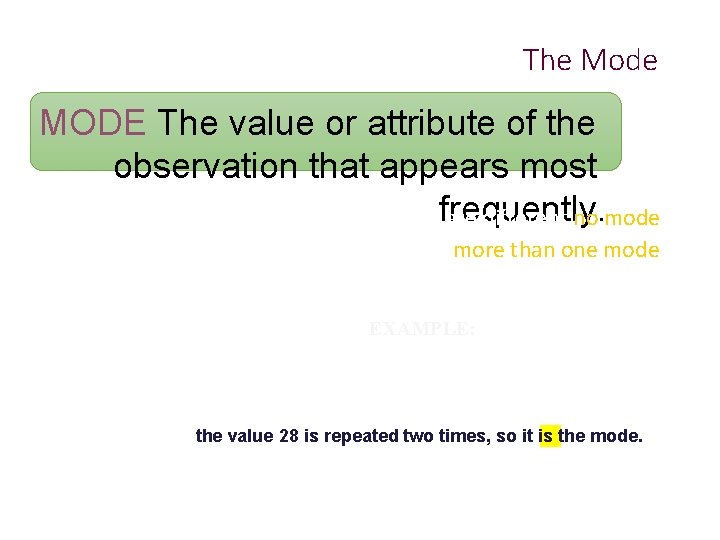 The Mode MODE The value or attribute of the observation that appears most If