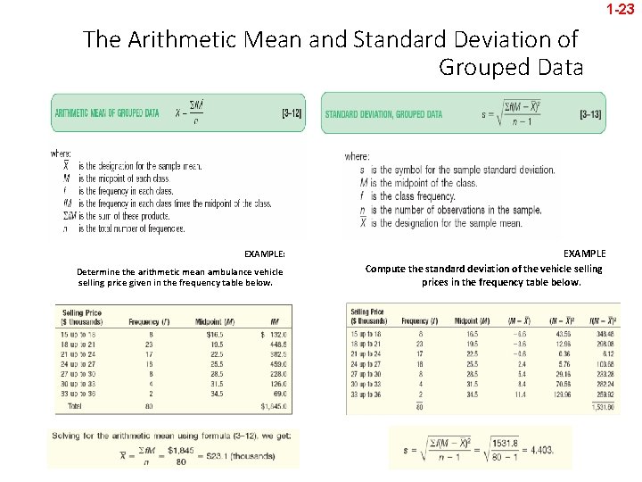 1 -23 The Arithmetic Mean and Standard Deviation of Grouped Data EXAMPLE: Determine the