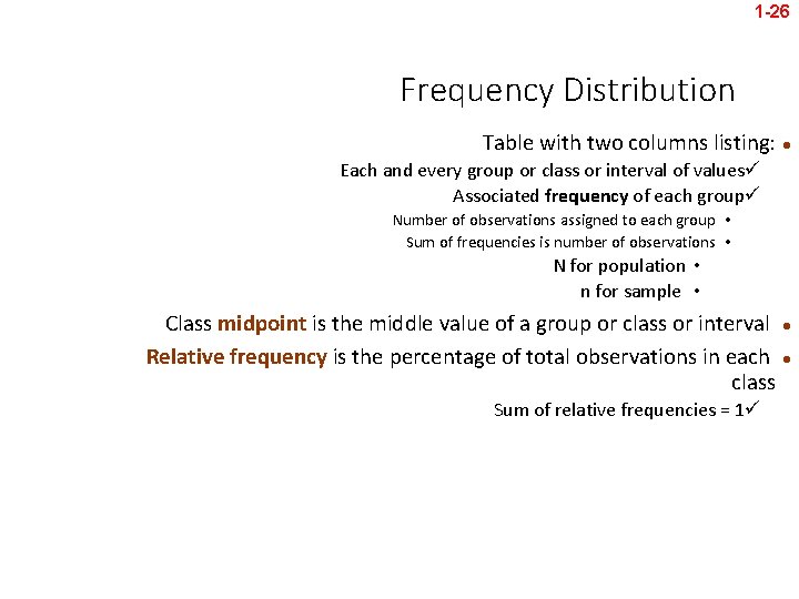 1 -26 Frequency Distribution Table with two columns listing: l Each and every group