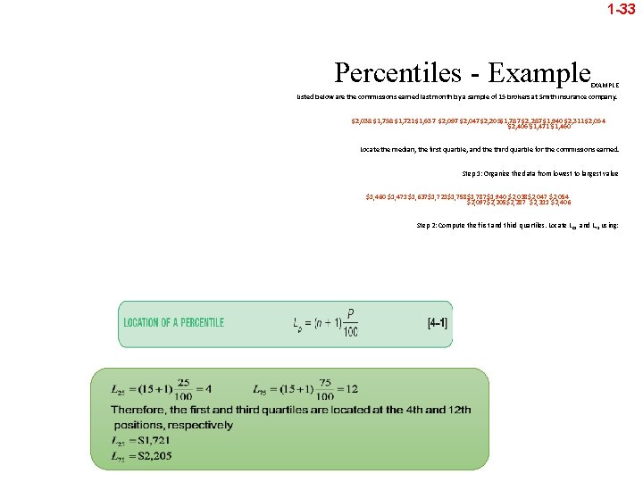 1 -33 Percentiles - Example EXAMPLE Listed below are the commissions earned last month