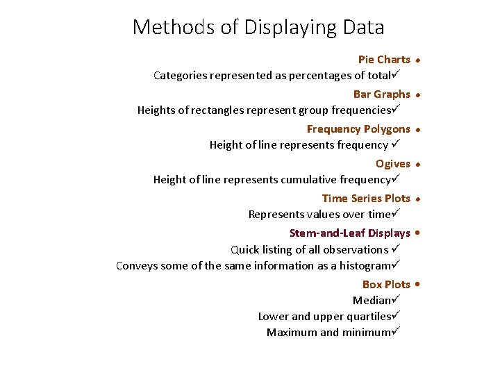 Methods of Displaying Data Pie Charts l Categories represented as percentages of totalü Bar