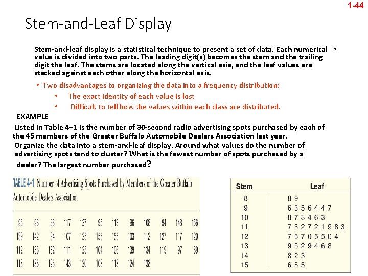 1 -44 Stem-and-Leaf Display Stem-and-leaf display is a statistical technique to present a set