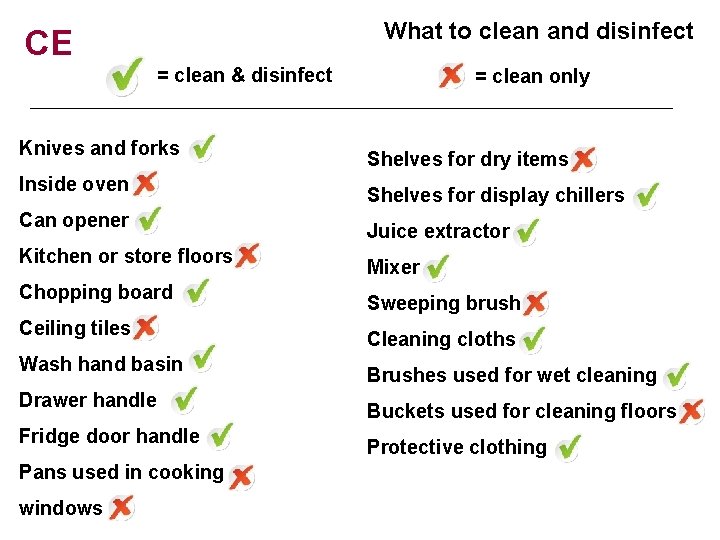What to clean and disinfect CE = clean & disinfect Knives and forks Inside