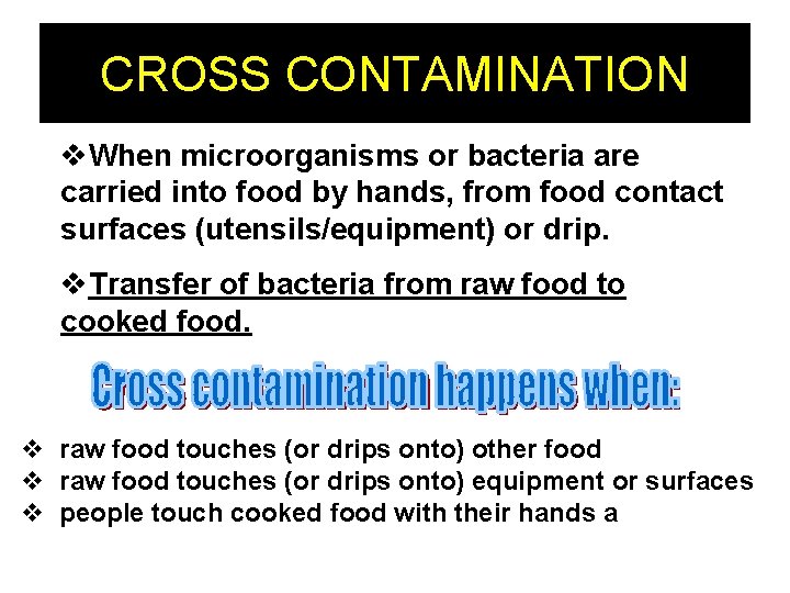CROSS CONTAMINATION v. When microorganisms or bacteria are carried into food by hands, from