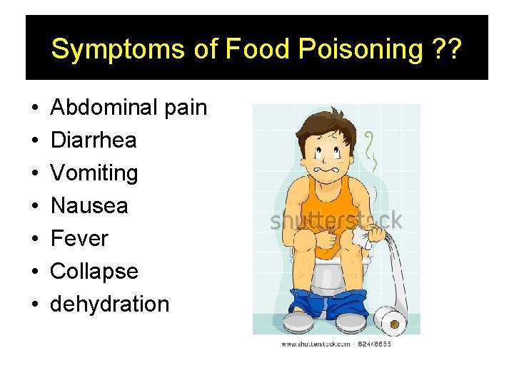 Symptoms of Food Poisoning ? ? • • Abdominal pain Diarrhea Vomiting Nausea Fever