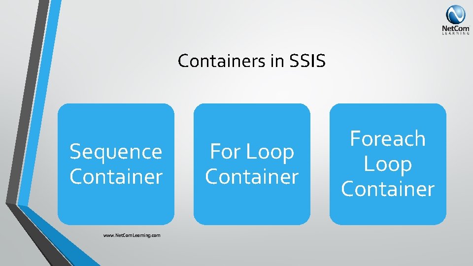 Containers in SSIS Sequence Container www. Net. Com. Learning. com For Loop Container Foreach