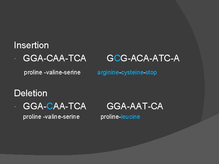 Insertion GGA-CAA-TCA proline -valine-serine Deletion GGA-CAA-TCA proline -valine-serine GCG-ACA-ATC-A arginine-cysteine-stop GGA-AAT-CA proline-leucine 