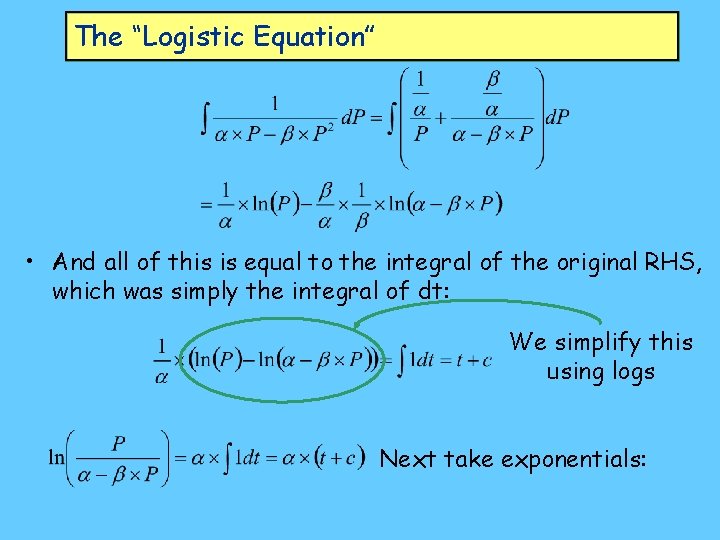 The “Logistic Equation” • And all of this is equal to the integral of