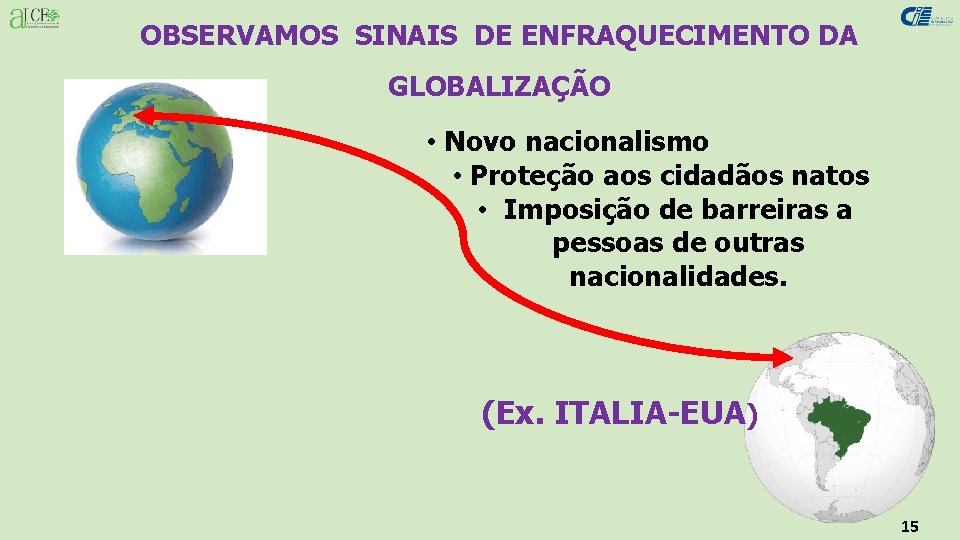 OBSERVAMOS SINAIS DE ENFRAQUECIMENTO DA GLOBALIZAÇÃO • Novo nacionalismo • Proteção aos cidadãos natos