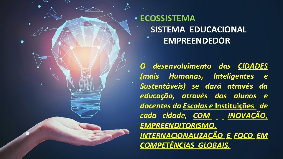 ECOSSISTEMA EDUCACIONAL EMPREENDEDOR O desenvolvimento das CIDADES (mais Humanas, Inteligentes e Sustentáveis) se dará