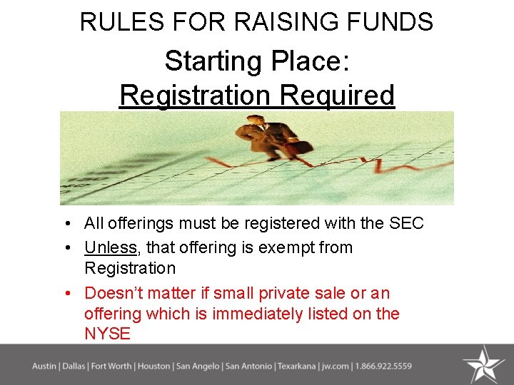 RULES FOR RAISING FUNDS Starting Place: Registration Required • All offerings must be registered