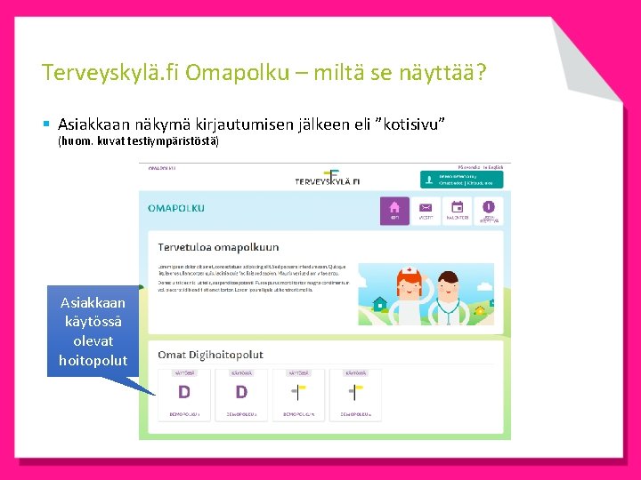 Terveyskylä. fi Omapolku – miltä se näyttää? § Asiakkaan näkymä kirjautumisen jälkeen eli ”kotisivu”