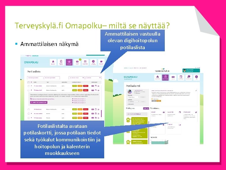 Terveyskylä. fi Omapolku– miltä se näyttää? § Ammattilaisen näkymä Potilaslistalta avataan potilaskortti, jossa potilaan