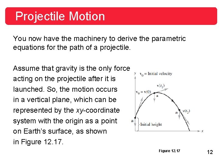 Projectile Motion You now have the machinery to derive the parametric equations for the