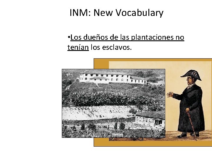 INM: New Vocabulary • Los dueños de las plantaciones no tenían los esclavos. 