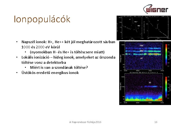 Ionpopulácók • Napszél ionok: H+, He++ két jól meghatározott sávban 1000 és 2000 e.