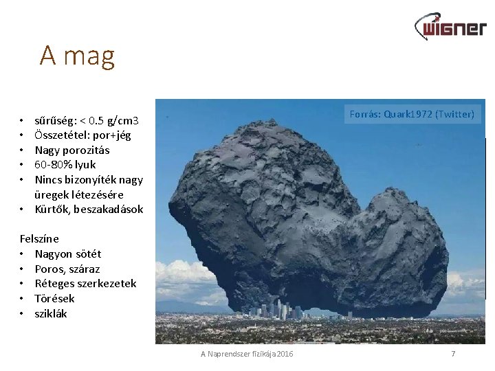 A mag Forrás: Quark 1972 (Twitter) sűrűség: < 0. 5 g/cm 3 Összetétel: por+jég