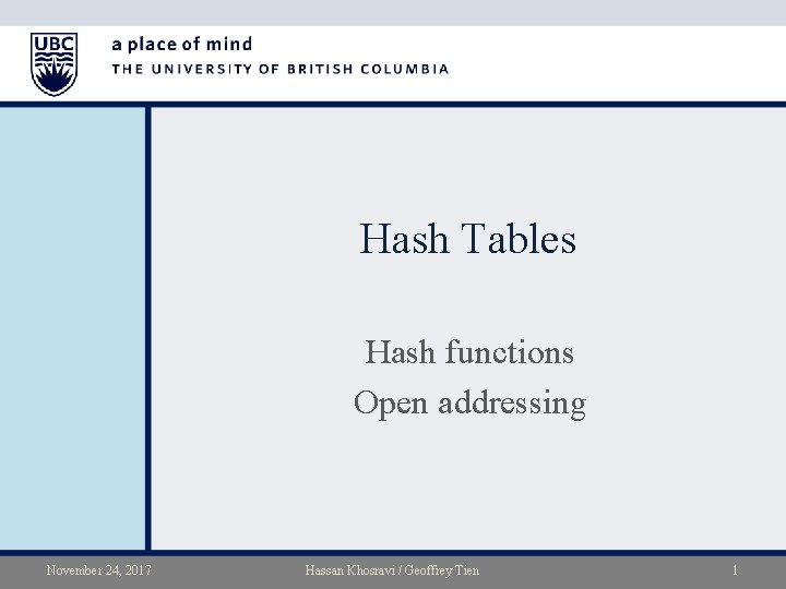 Hash Tables Hash functions Open addressing November 24, 2017 Hassan Khosravi / Geoffrey Tien