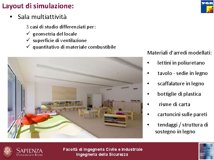 Layout di simulazione: • Sala multiattività 3 casi di studio differenziati per: ü geometria