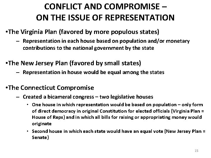 CONFLICT AND COMPROMISE – ON THE ISSUE OF REPRESENTATION • The Virginia Plan (favored