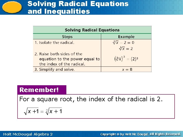 Solving Radical Equations and Inequalities Remember! For a square root, the index of the