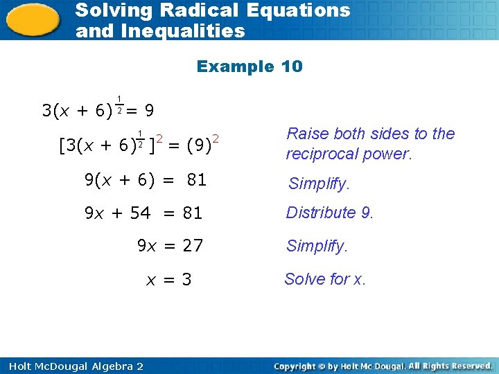 Solving Radical Equations and Inequalities Example 10 1 2 3(x + 6) = 9