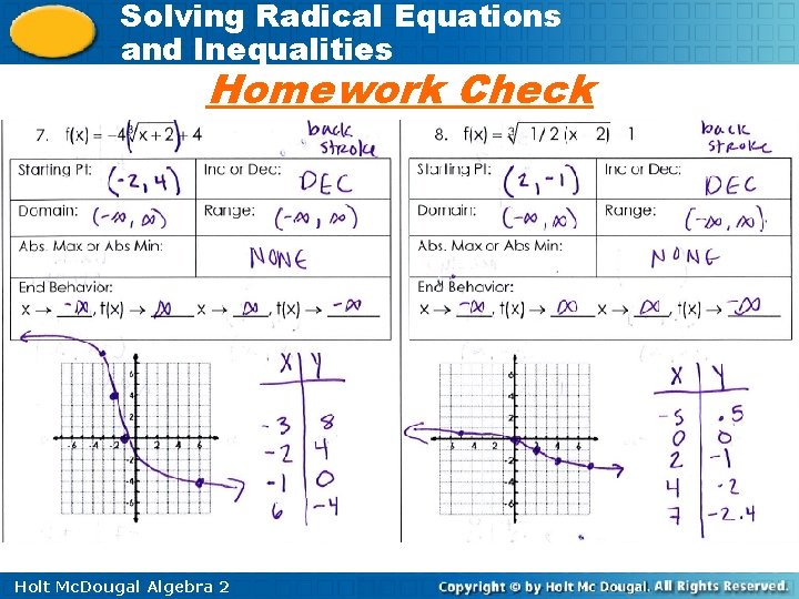 Solving Radical Equations and Inequalities Homework Check Holt Mc. Dougal Algebra 2 