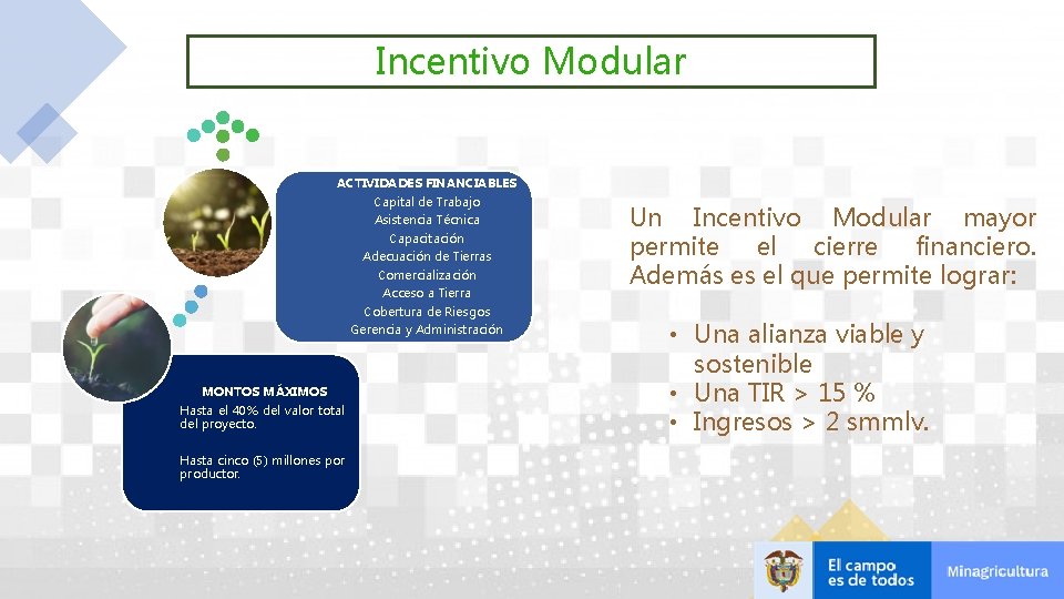 Incentivo Modular ACTIVIDADES FINANCIABLES Capital de Trabajo Asistencia Técnica Capacitación Adecuación de Tierras Comercialización