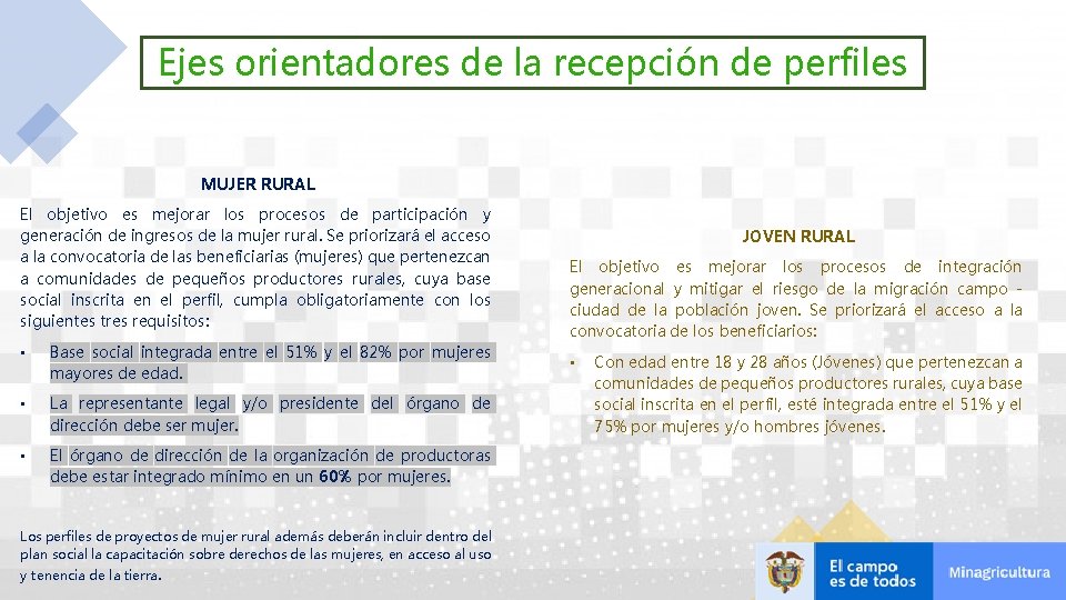 Ejes orientadores de la recepción de perfiles MUJER RURAL El objetivo es mejorar los