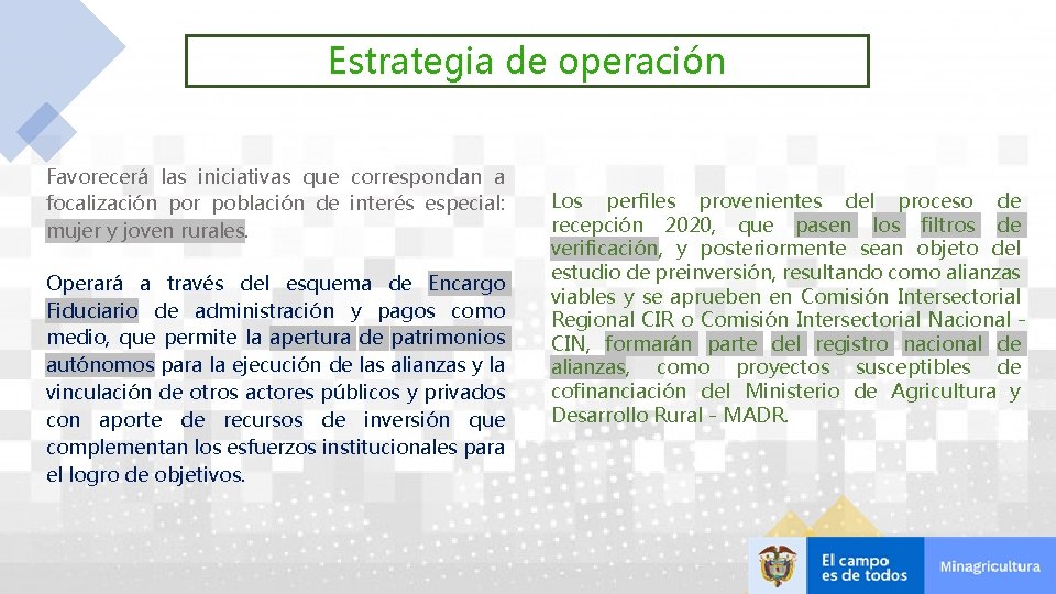 Estrategia de operación Favorecerá las iniciativas que correspondan a focalización por población de interés