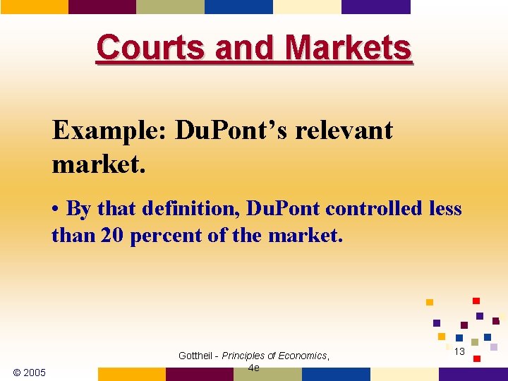 Courts and Markets Example: Du. Pont’s relevant market. • By that definition, Du. Pont