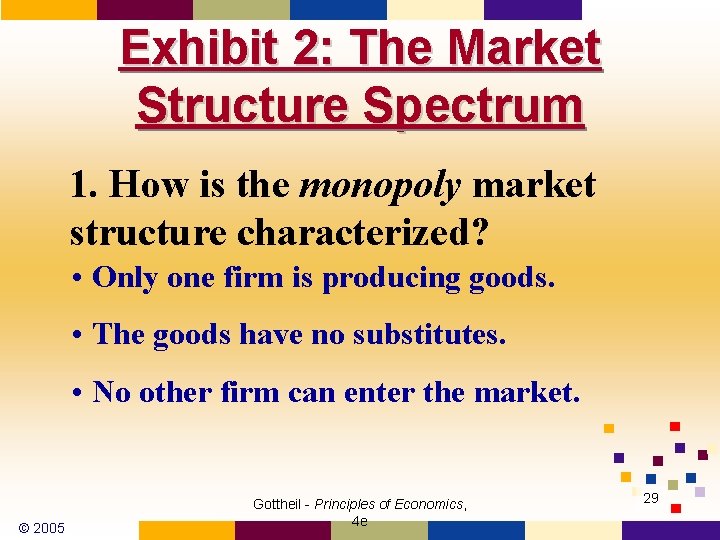 Exhibit 2: The Market Structure Spectrum 1. How is the monopoly market structure characterized?