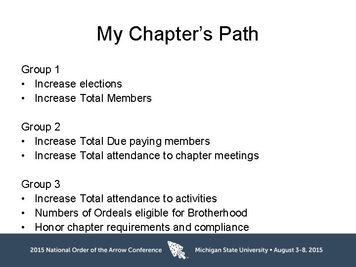 My Chapter’s Path Group 1 • Increase elections • Increase Total Members Group 2