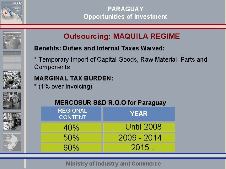 PARAGUAY Opportunities of Investment Outsourcing: MAQUILA REGIME Benefits: Duties and Internal Taxes Waived: *