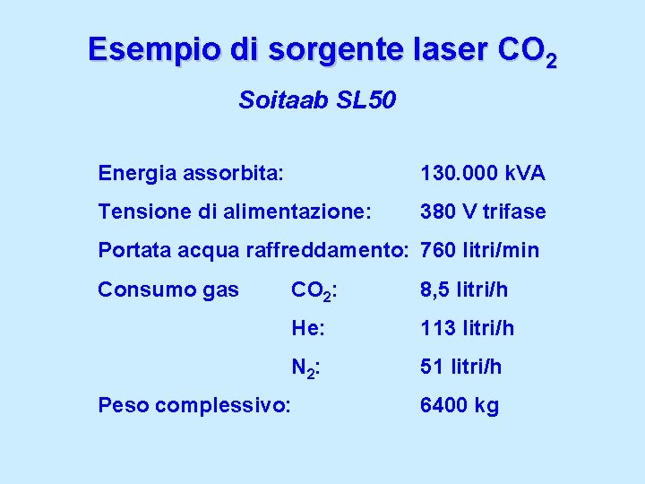 Esempio di sorgente laser CO 2 Soitaab SL 50 Energia assorbita: 130. 000 k.