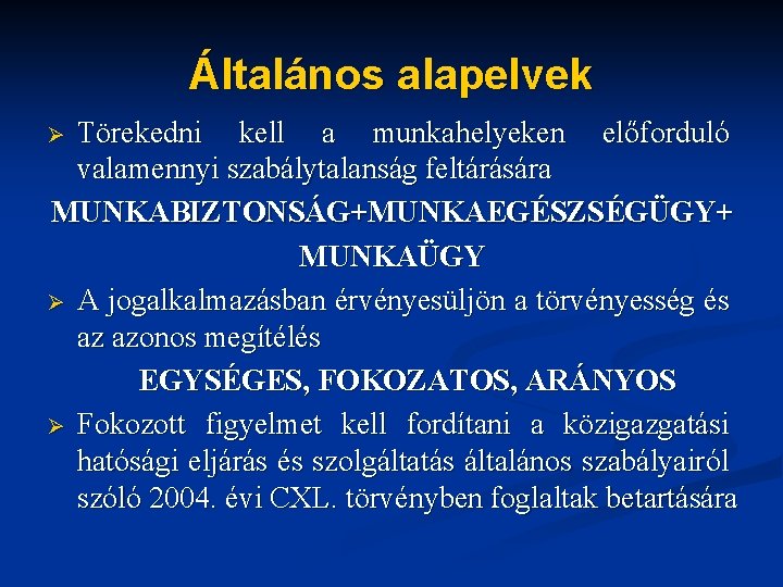 Általános alapelvek Törekedni kell a munkahelyeken előforduló valamennyi szabálytalanság feltárására MUNKABIZTONSÁG+MUNKAEGÉSZSÉGÜGY+ MUNKAÜGY Ø A