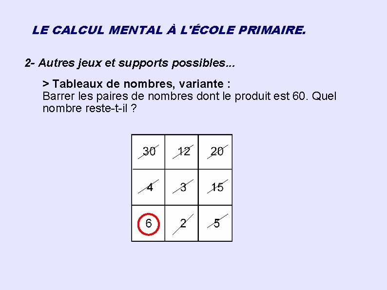 LE CALCUL MENTAL À L'ÉCOLE PRIMAIRE. 2 - Autres jeux et supports possibles. .