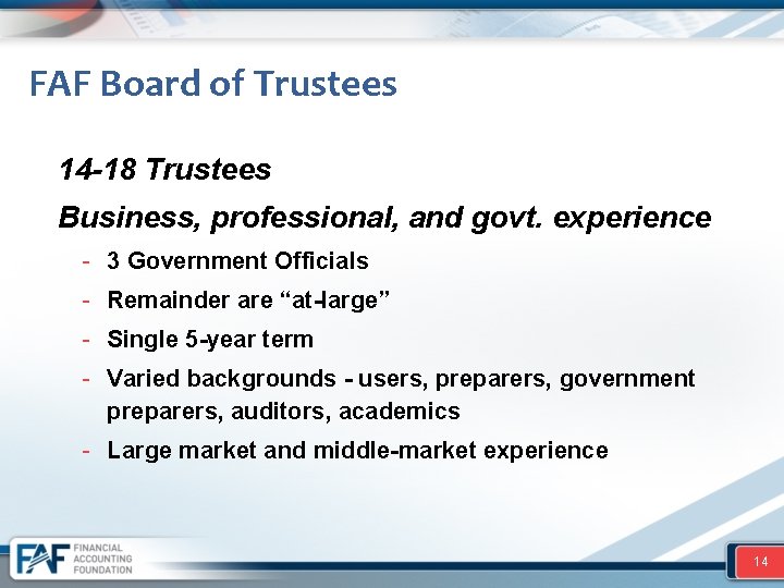 FAF Board of Trustees 14 -18 Trustees Business, professional, and govt. experience - 3